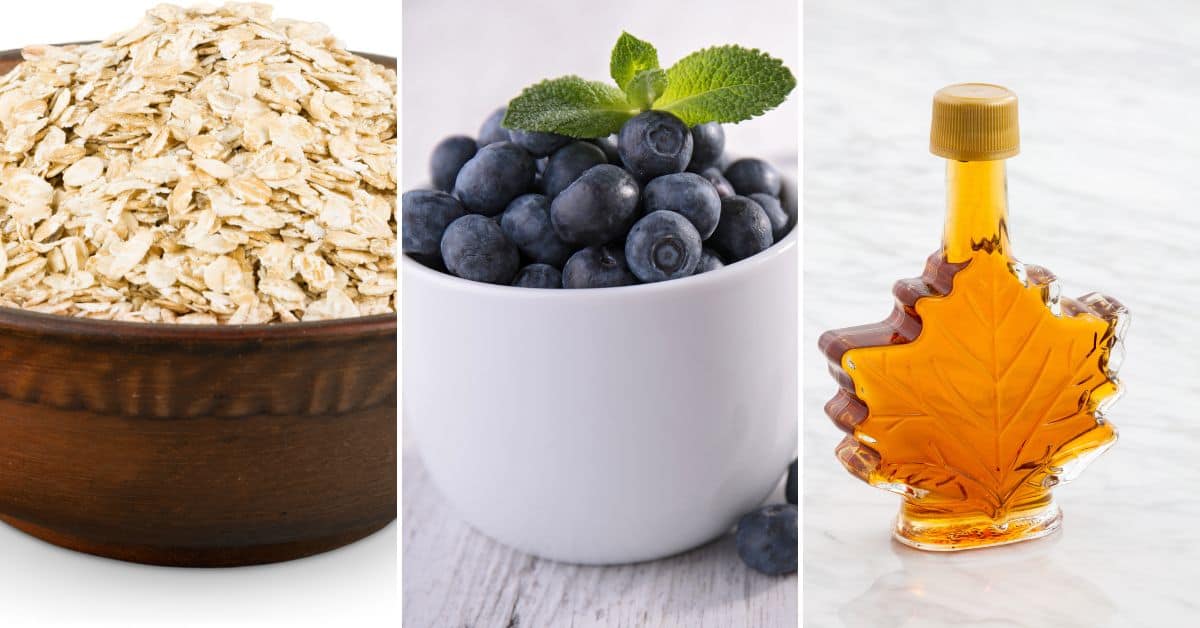 Ingredients to make the cereal including maple syrup and fruit.