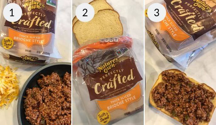 Step by step instructions for making sloppy joe grilled cheese