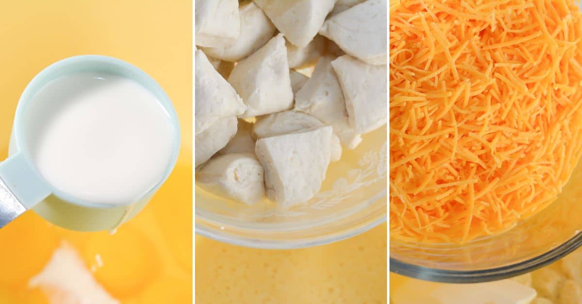 Three-panel image showing a cup of milk being poured, a bowl of biscuit dough pieces, and a bowl of shredded cheddar cheese—all key ingredients for a delicious Biscuit Breakfast Casserole—set against a yellow background.