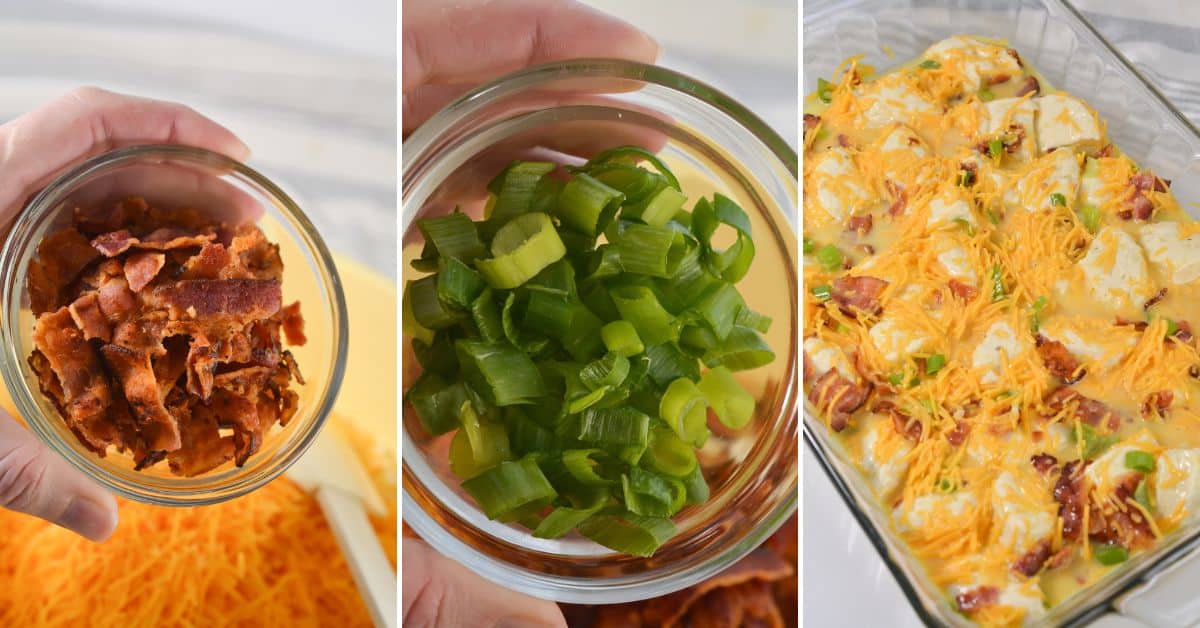 Three photos: a bowl of chopped bacon, a bowl of sliced green onions, and a Biscuit Breakfast Casserole topped with bacon, green onions, and melted cheddar cheese.