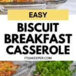 A glass dish of Biscuit Breakfast Casserole topped with green onions, with a serving on a plate beside fresh parsley.