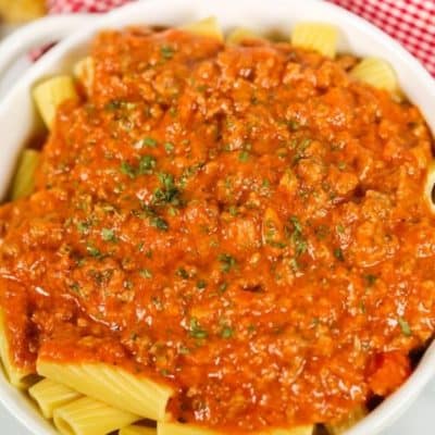 White bwl with easy bolognese sauce.