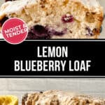 A delicious lemon blueberry loaf with icing and fresh blueberries. One slice is shown up close to highlight its moist and tender texture, capturing the essence of this delightful treat.