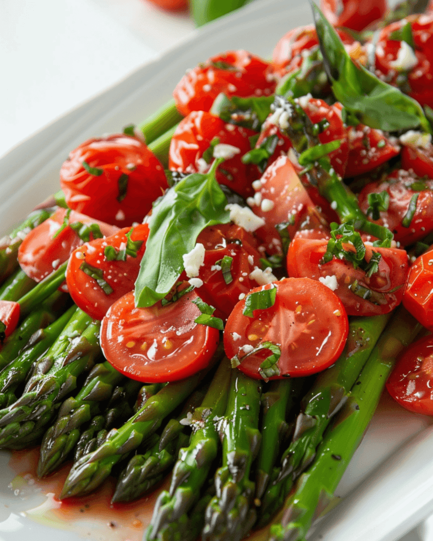 A tomato and asparagus salad topped with halved cherry tomatoes, basil, and grated cheese, seasoned with herbs.