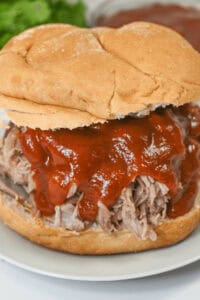 Slow cooked pork shoulder on a bun.