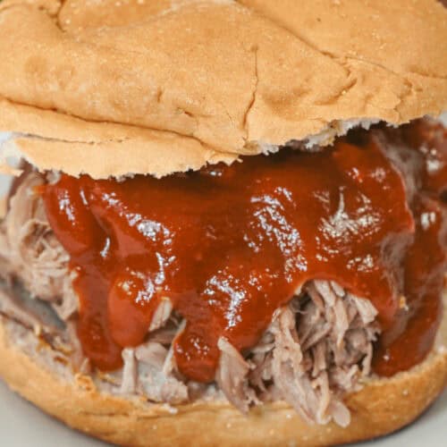 Slow cooked pork shoulder on a bun.