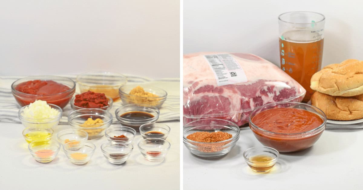 All the seasonings, sauce and ingredients for the dish.