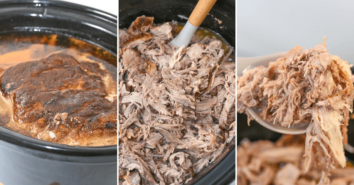 Adding the liquid and shredding the pork shoulder.