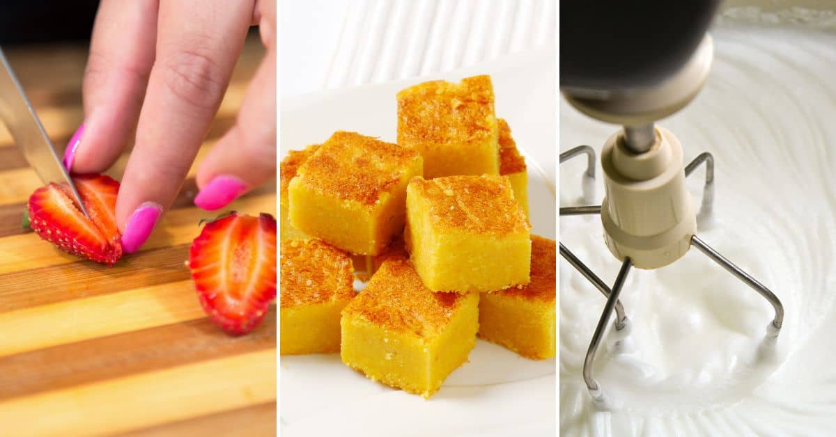 A triptych showing hands slicing strawberries for a delightful strawberry angel food cake, a plate of cubed cornbread, and an electric mixer whipping egg whites.
