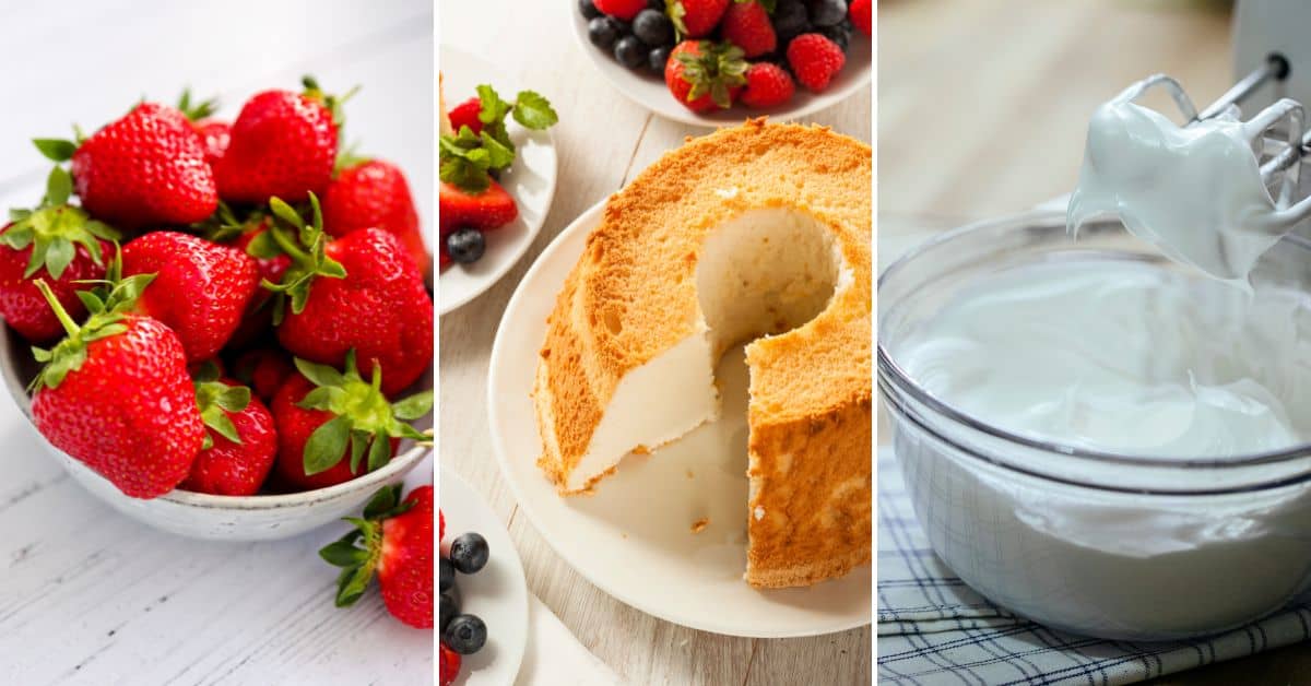 A split image showcases a delectable strawberry angel food cake dessert: fresh strawberries in a bowl on the left, a sliced angel food cake on a plate in the middle, and whipped cream in a mixing bowl on the right.