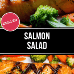 Grilled Salmon Salad with char marks, served alongside broccoli and carrots, is displayed above the text "Salmon Salad" in crisp white on a sleek black background.