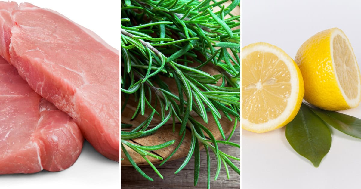 Image showing three sections: raw slices of meat on the left, fresh green herbs in the middle, and a halved lemon on the right – perfect for preparing delicious grilled boneless pork chops.