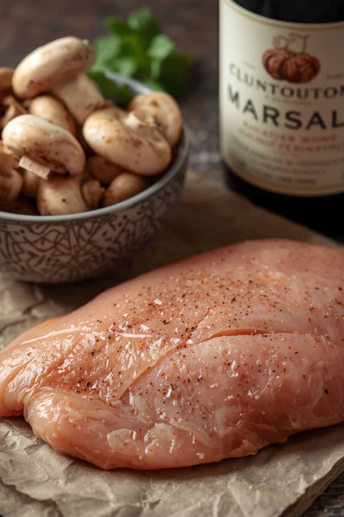 Raw chicken breast seasoned with pepper on parchment, set beside a bowl of mushrooms and a bottle of Marsala wine.