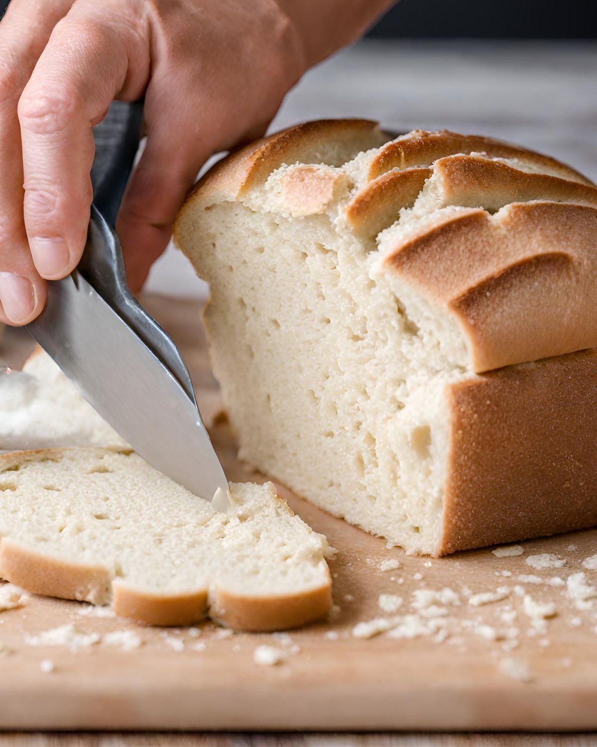 Cutting the crust off the bread.