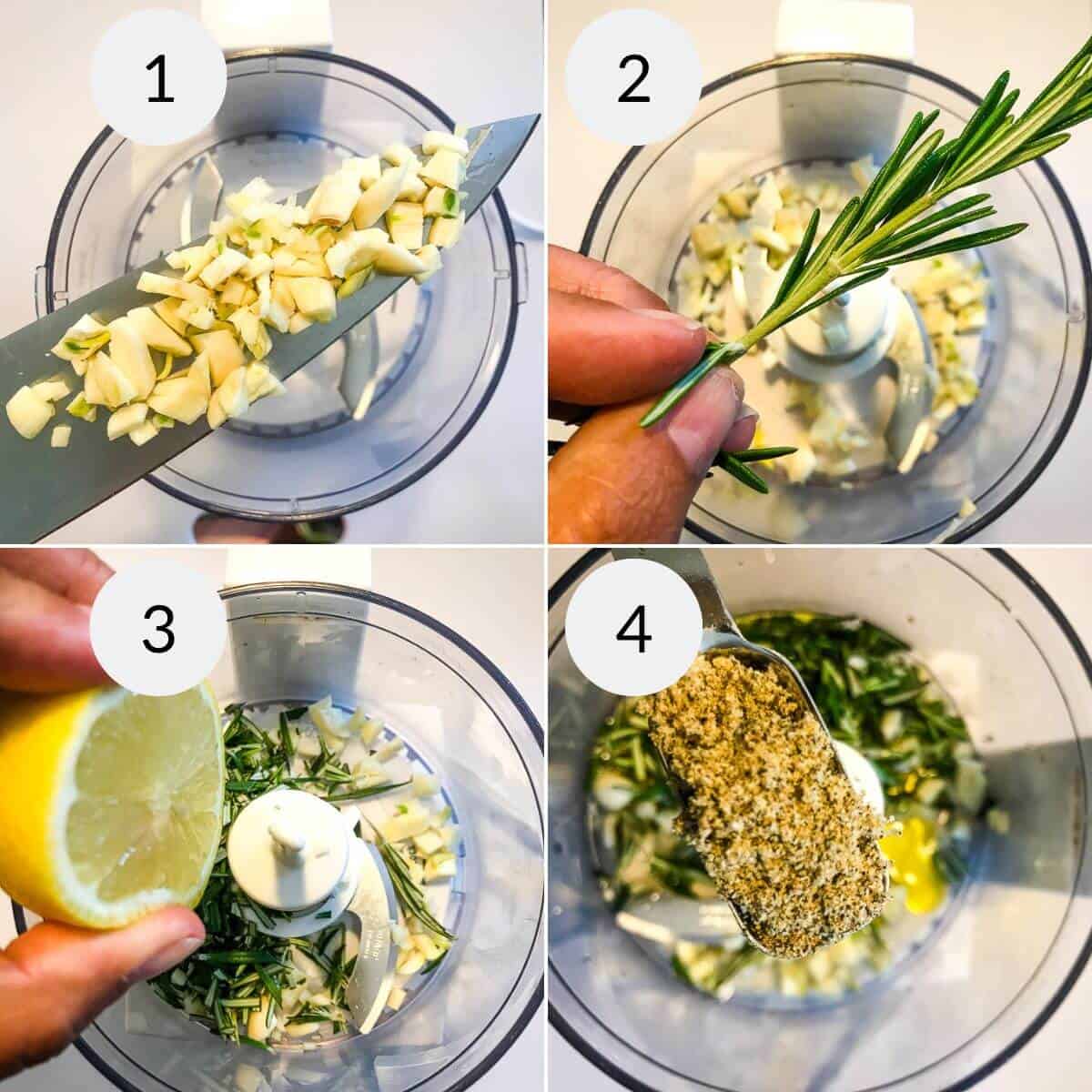 A four-step image of a food processor: 1) Adding chopped garlic. 2) Adding fresh rosemary. 3) Squeezing lemon juice over grilled boneless pork chops. 4) Adding a spoon of seasoning.