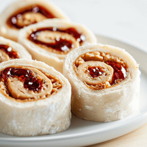 A plate of Peanut Butter and Jelly Pinwheel Sandwiches on a table.