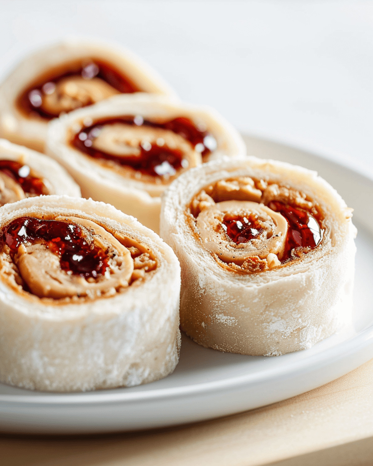 A plate of Peanut Butter and Jelly Pinwheel Sandwiches on a table.