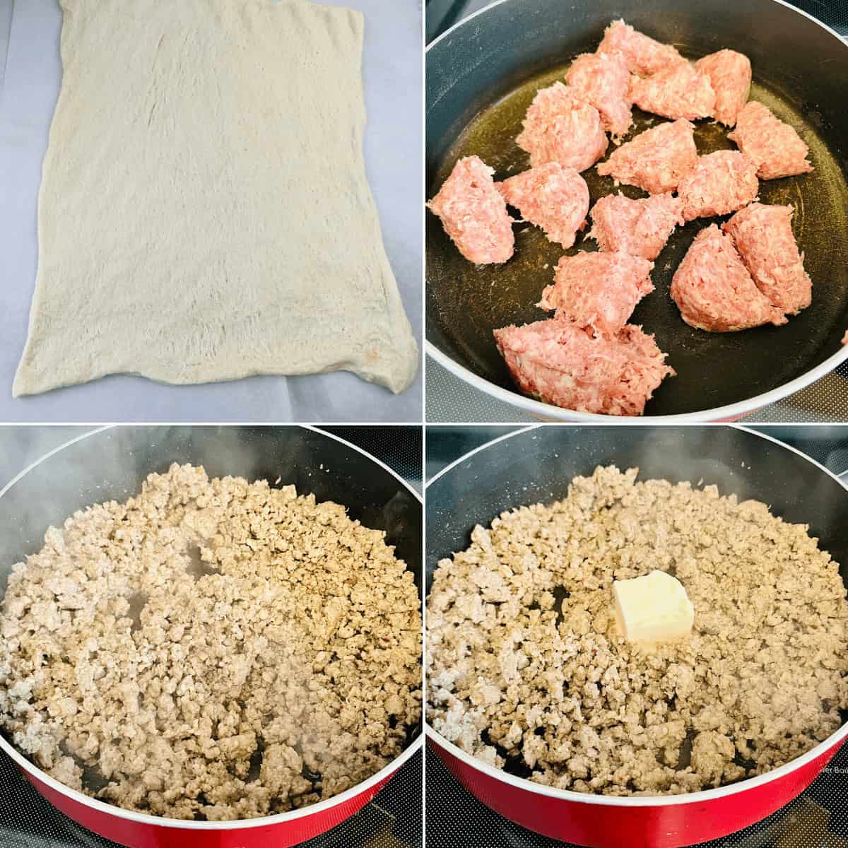 Browning the meat for the school breakfast pizza.