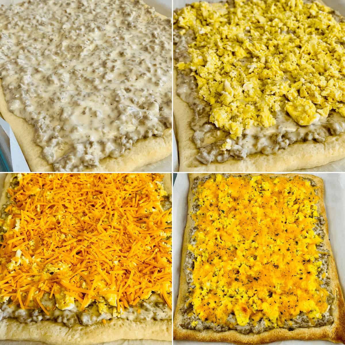 Assembling the finished school breakfast pizza.