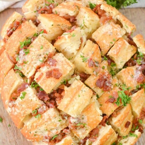 A top shot of the finished bacon ranch pull apart bread.