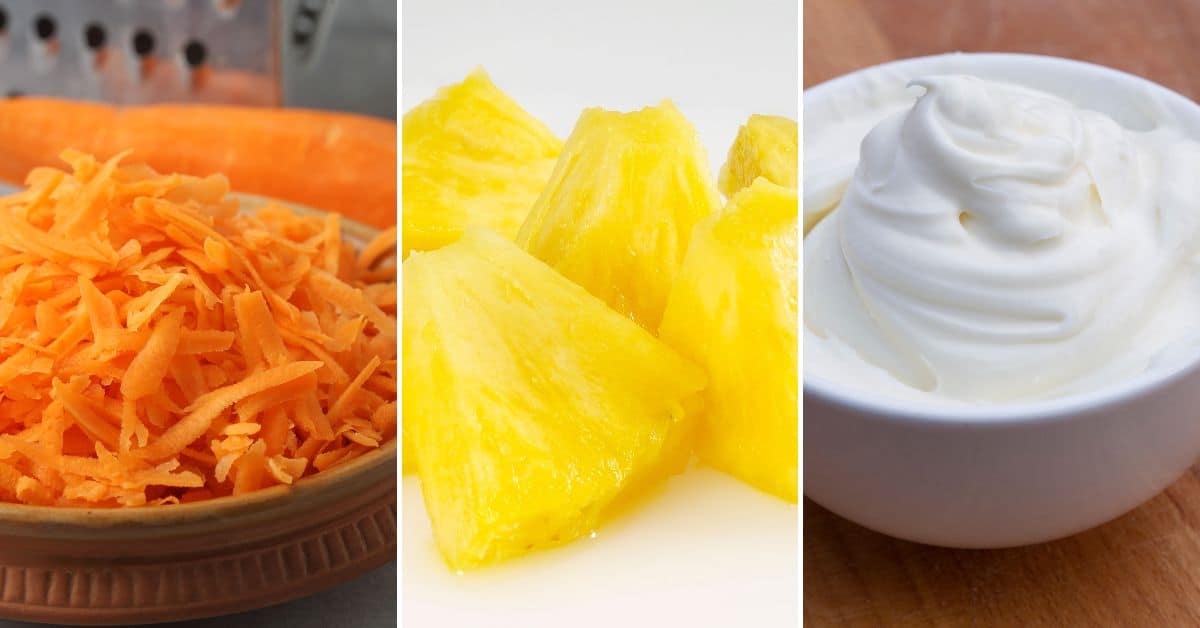 A collage of three images: grated carrots in a bowl, pineapple chunks, and a bowl of yogurt, reminiscent of the flavors you might find in a delicious pumpkin carrot cake.