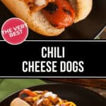 Two chili cheese dogs topped with chopped onions and shredded cheese are shown on black plates, accompanied by the text "The Very Best Chili Cheese Dog Experience.