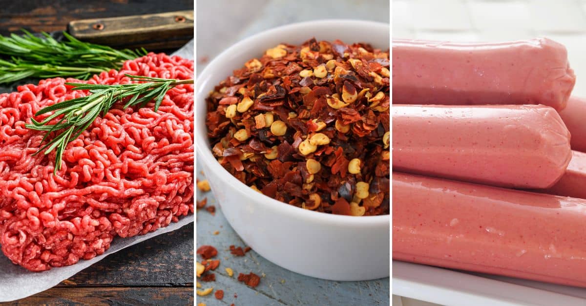 Image showing ground beef on a cutting board with rosemary, a bowl of red pepper flakes, and several chili cheese dogs stacked on a surface.