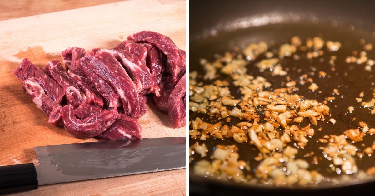 Two pictures of venison and a knife on a cutting board.