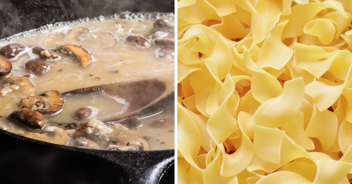 A pan with venison stroganoff, mushrooms, and noodles.