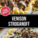 Enjoy a plate of venison stroganoff served with noodles.