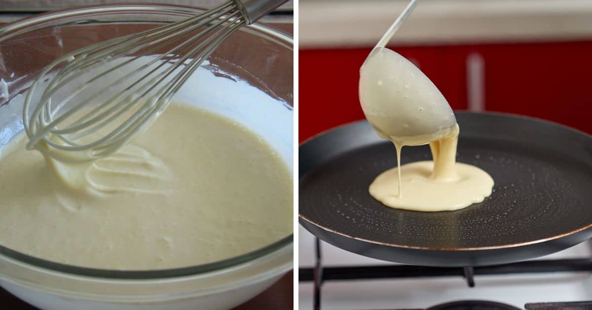 A whisk in a bowl of whole wheat apple cinnamon pancake batter on the left; batter being poured onto a frying pan on the right.