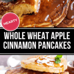 Whole wheat apple cinnamon pancakes topped with syrup, a fork gently cutting through their fluffy layers. Complemented by a sprig of mint and fresh apple slices on the side, this breakfast is both wholesome and delicious.