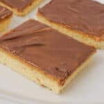 Four rectangular chocolate and peanut butter bars rest elegantly on a white plate, their tops glistening with a rich layer of chocolate.