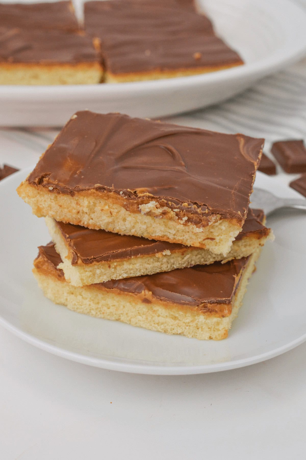 Three square slices of chocolate and peanut butter cake with rich, velvety frosting are elegantly stacked on a pristine white plate.