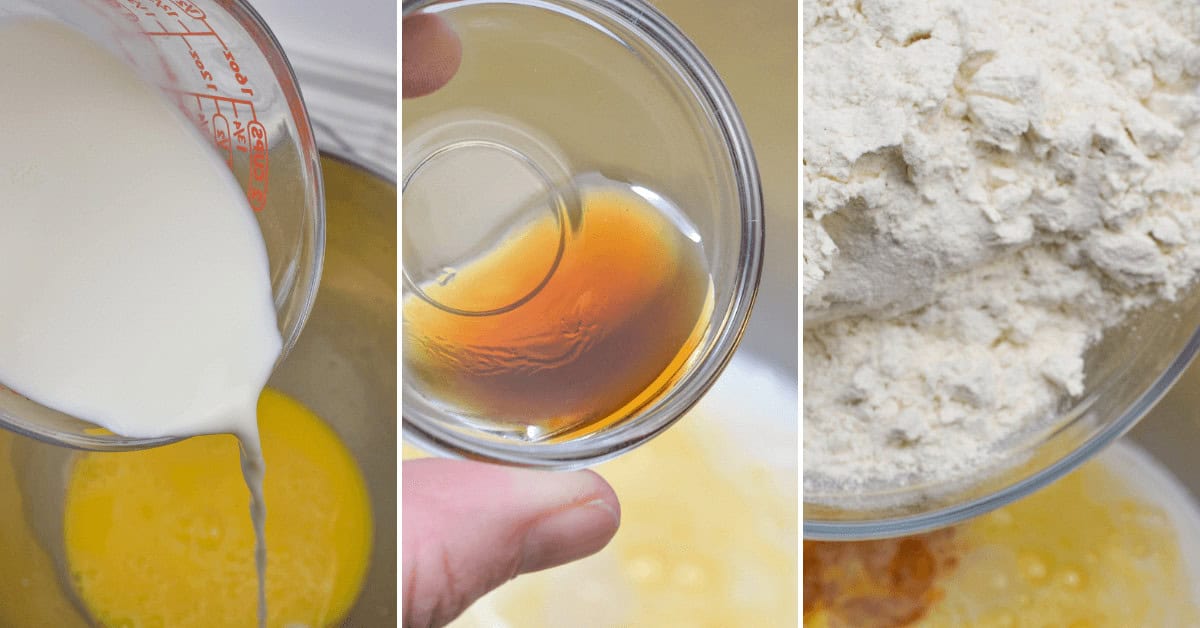 Image triptych: Milk is poured, vanilla extract is added, and flour is measured for baking a delectable dessert.