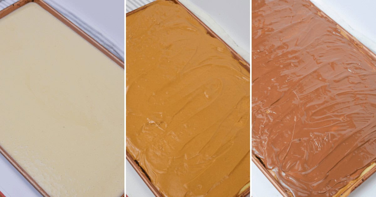 Three-step sequence: plain sheet cake, same cake with caramel frosting, and the final masterpiece—a chocolate and peanut butter cake with a rich chocolate layer on top.