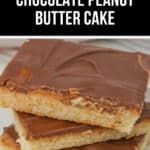 Close-up of a chocolate peanut butter cake with multiple layers, featuring a smooth chocolate top and light-colored base, described as a "Copycat Tasty Cake" in the image text.