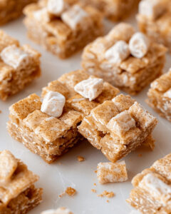 Homemade cinnamon toast crunch bars with marshmallows on a plate.