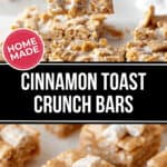 A hand holding a homemade cinnamon toast crunch bars treat above other treats.