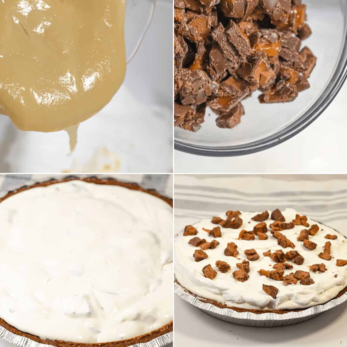 Collage of four images: pouring batter, chopped chocolate pieces, a pie with caramel-infused creamy filling, and the finished pie topped with chocolate pieces.