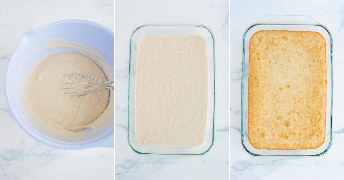A bowl of cake batter with a whisk, a glass dish filled with batter, and a baked Coconut Poke Cake in a glass dish are shown in three side-by-side panels.