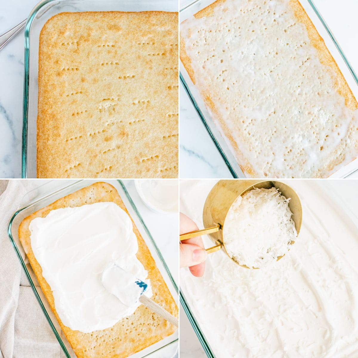 A step-by-step collage shows a Coconut Poke Cake in a glass dish being poked, soaked with liquid, topped with whipped cream, and finished with shredded coconut.