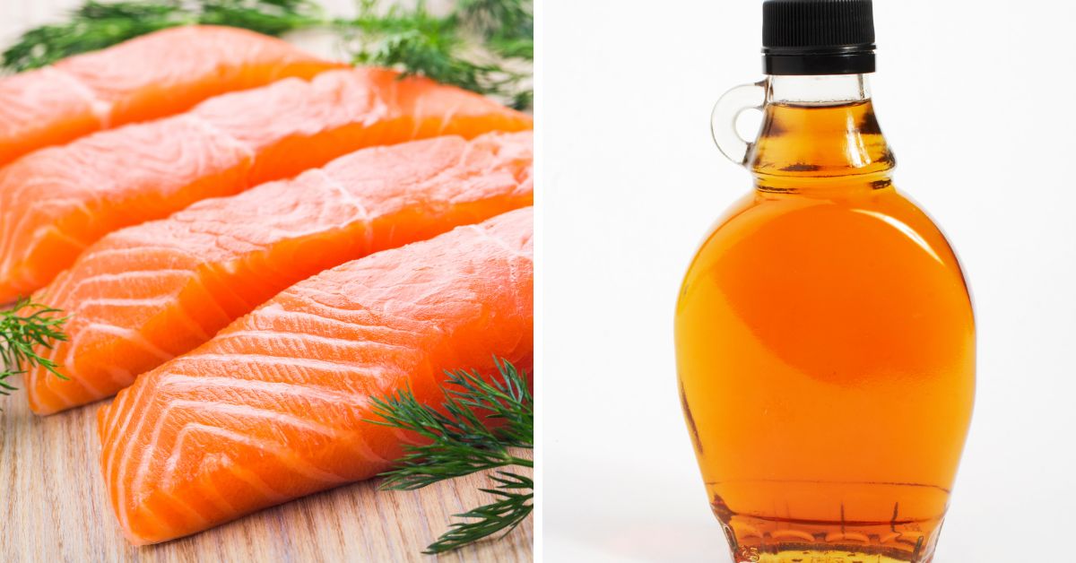 Maple Glazed Salmon fillets on the left and a bottle of amber liquid, possibly oil or syrup, on the right.