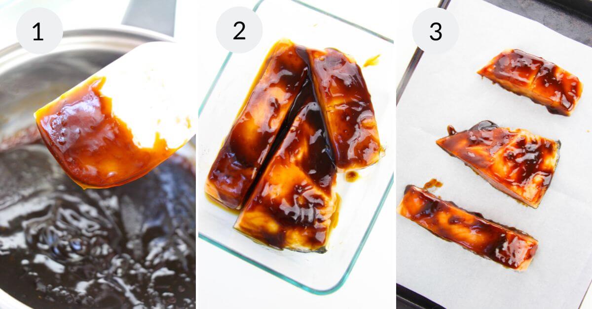 Three-step process of glazing tofu slices with a thick, dark maple sauce.