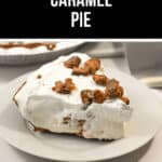 A slice of creamy caramel pie rests on a white plate, topped with crumbled chocolate pieces.