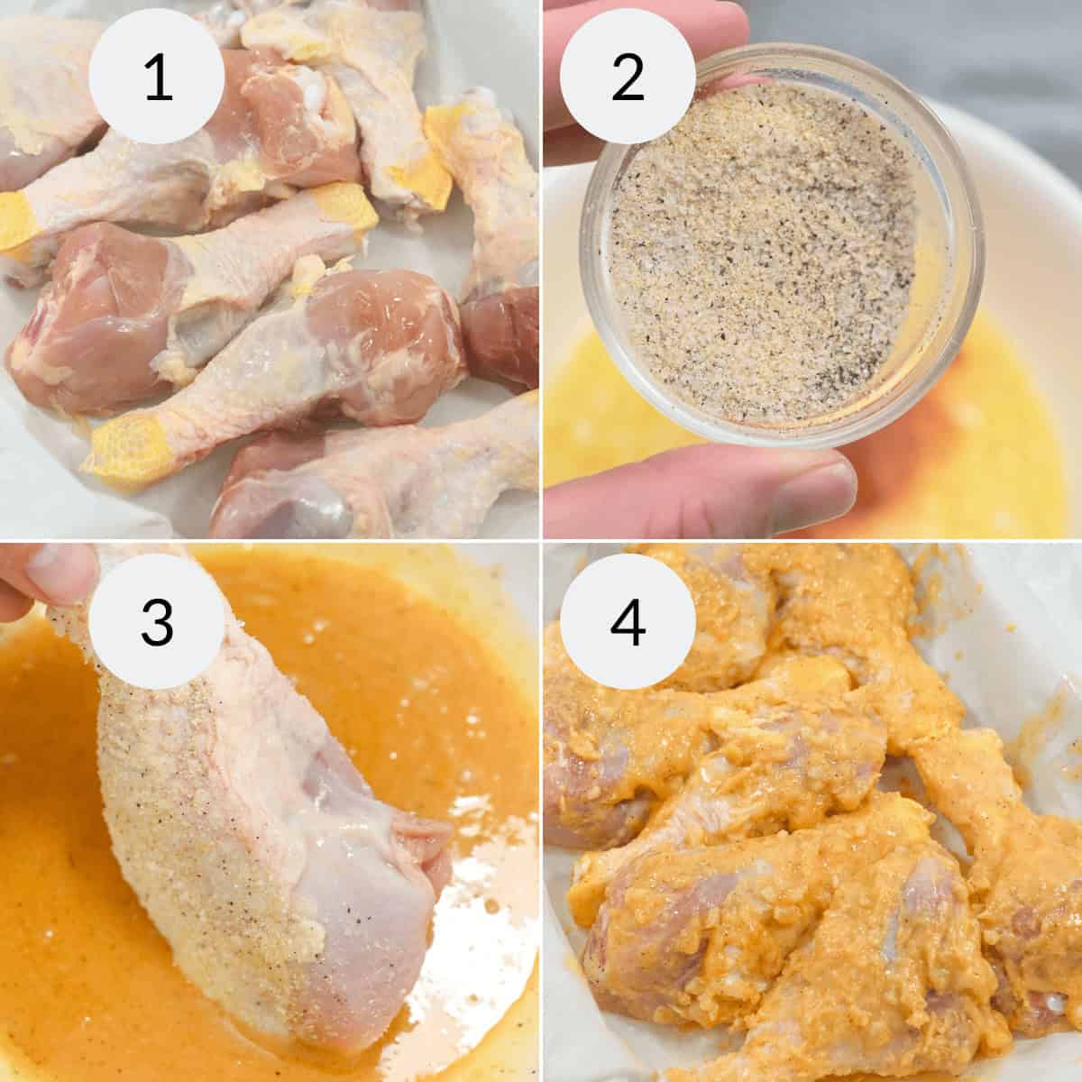 Coating the chicken legs.