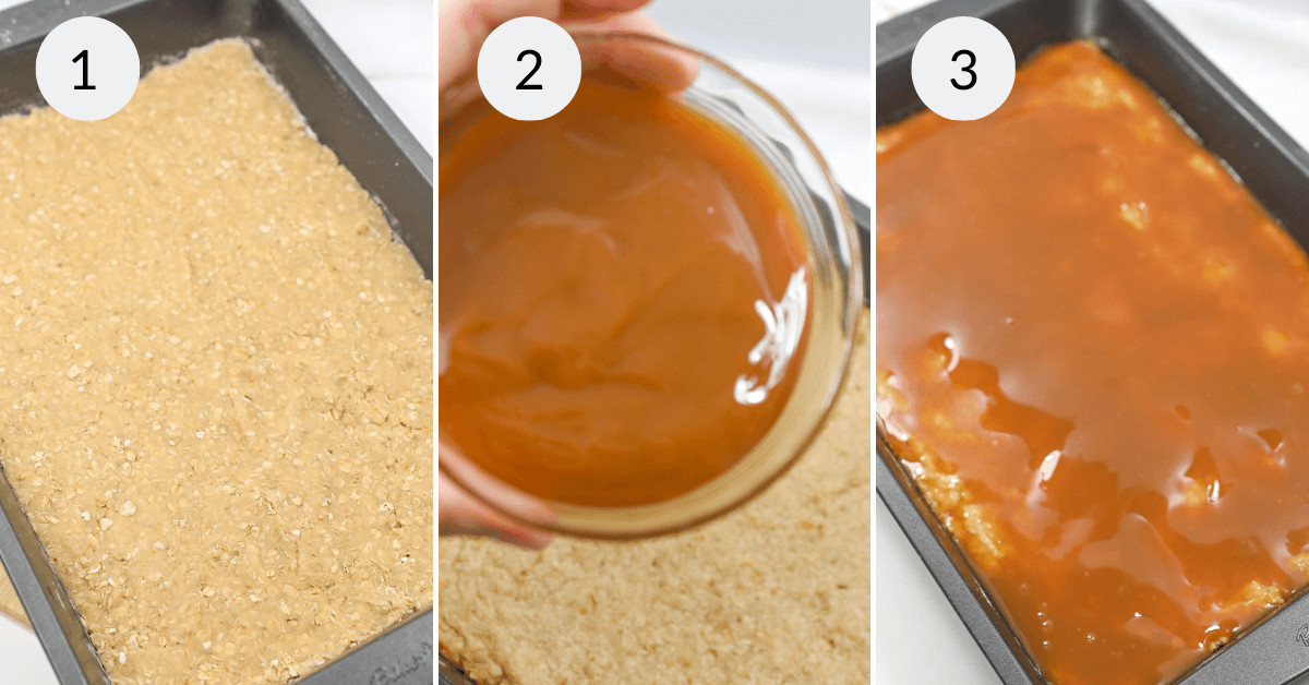 Pouring the caramel layer over the oatmeal crust.