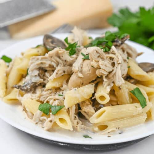A plate of Slow Cooker Chicken Pasta with mushrooms and parsley.