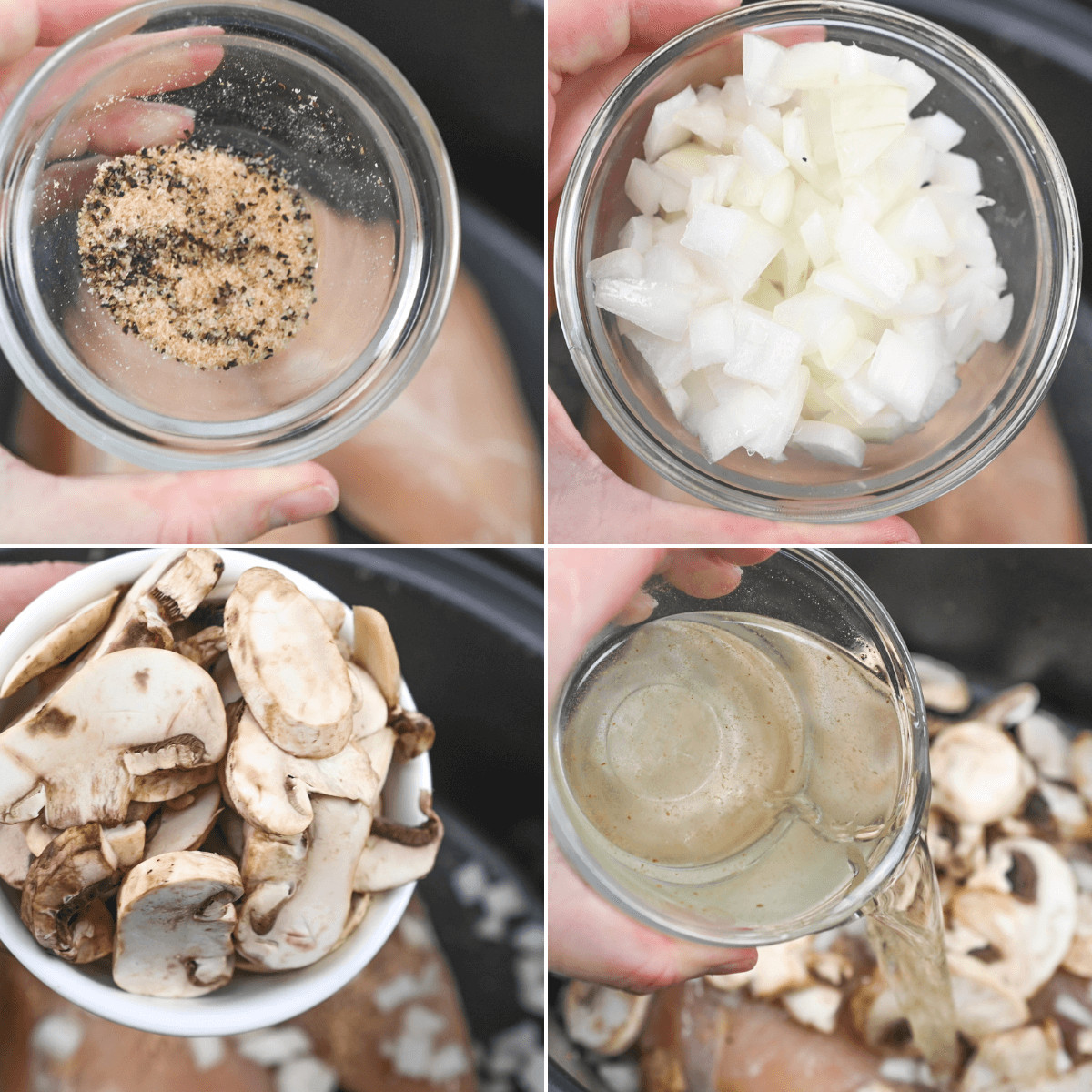 A series of photos showing how to cook mushrooms in a crock pot using the Slow Cooker.