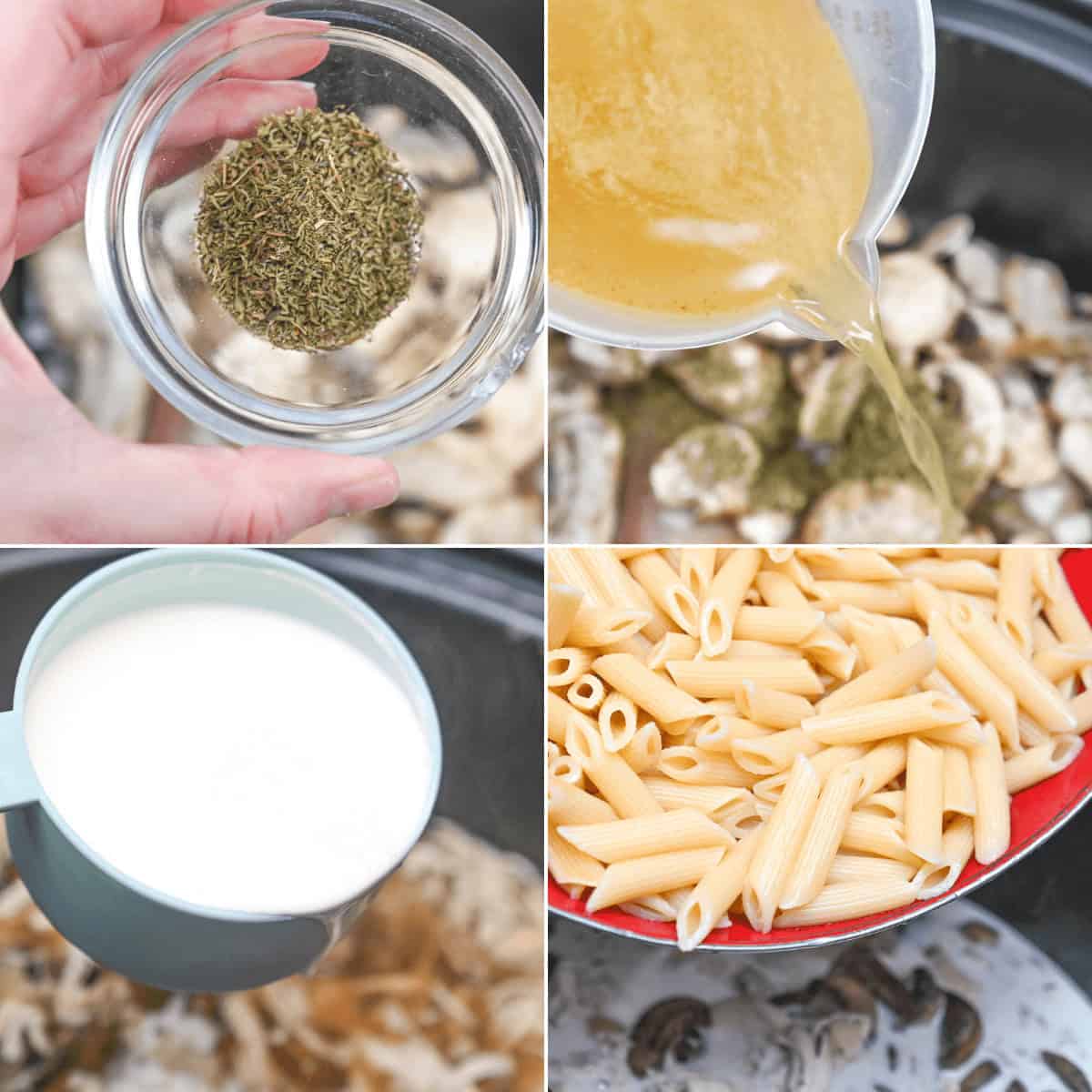 Cooked pasta, cream and seasoning added to the dish to finish it.